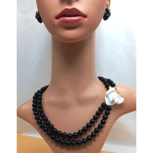 KJL for Avon  Midnight Rose  Beaded Necklace Earrings  Black and White Roses